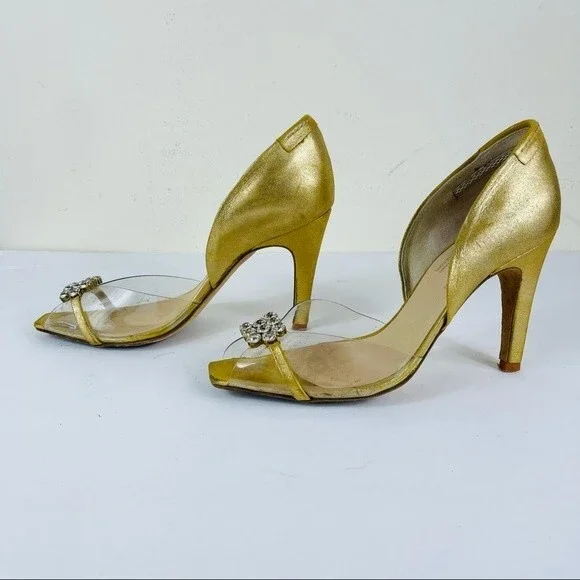 PEDRO GARCIA Retro Gold Metallic Jewel Glitter Peep Toe D'Orsay Heels Shoes 7.5 - Picture 11 of 16